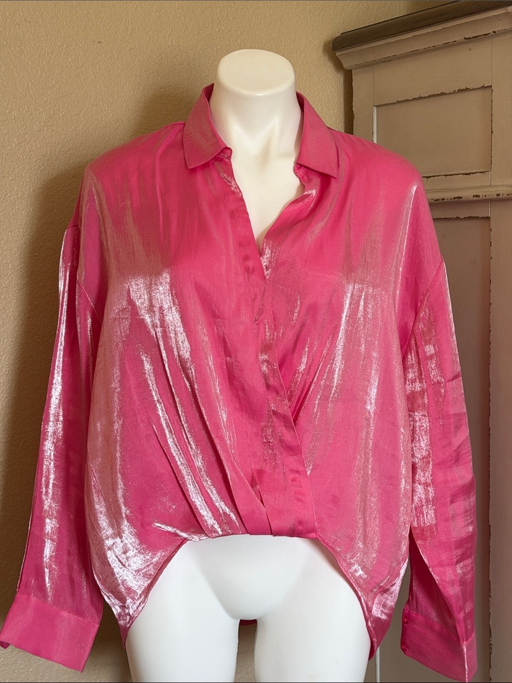 RACHEL Rachel Roy Hot Pink Metallic Button-Down Blouse